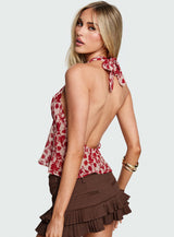 Two Ghosts Low Back Halter Top Red Floral