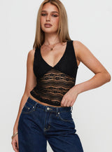 Loxlee Lace Plunge Neck Top Black