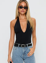 Kendrae Plunge Halter Bodysuit Black