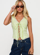 Wayland Tie Up Lace Trim Top Green Check