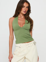 Fifi Halter Longline Wrap Top Olive Green