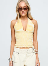 Averin Shirred Halter Top Lemon Stripe