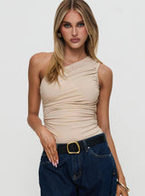 Heston Asymmetrical Ruched Bodysuit Beige
