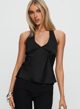 Remarkable Satin Plunge Neck Top Black