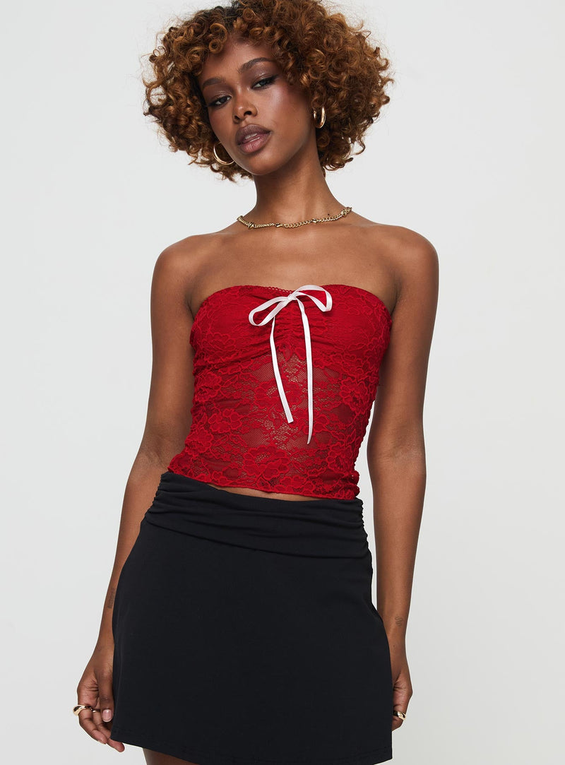 Winnick Strapless Lace Top Red