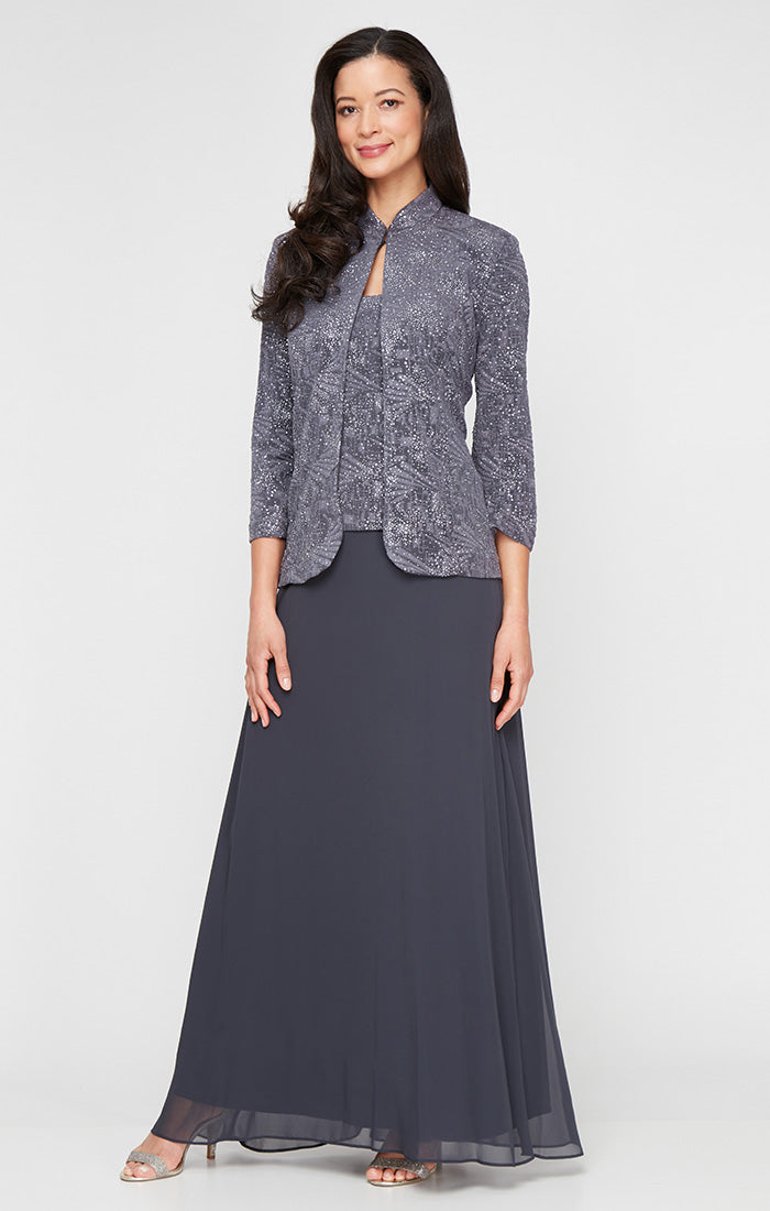 Glitter Jacquard Knit Jacket Dress with Mandarin Neckline