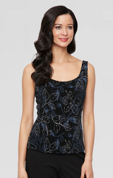 Plus 3/4 Sleeve Printed Glitter Slinky Knit Twinset with Scoop Neck Tank and Hook Neck Closure Jacket