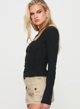 Zenda Linen Blend Long Sleeve Top Black