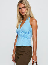 Long Ago Ruched Halter Top Blue