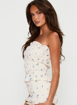 Warm Welcome Strapless Top Blue Floral