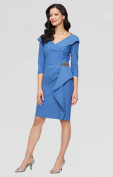 Short Contour Sheath Dress with Portrait Collar Neckline, Beaded Hip Detail and Cascade Skirt