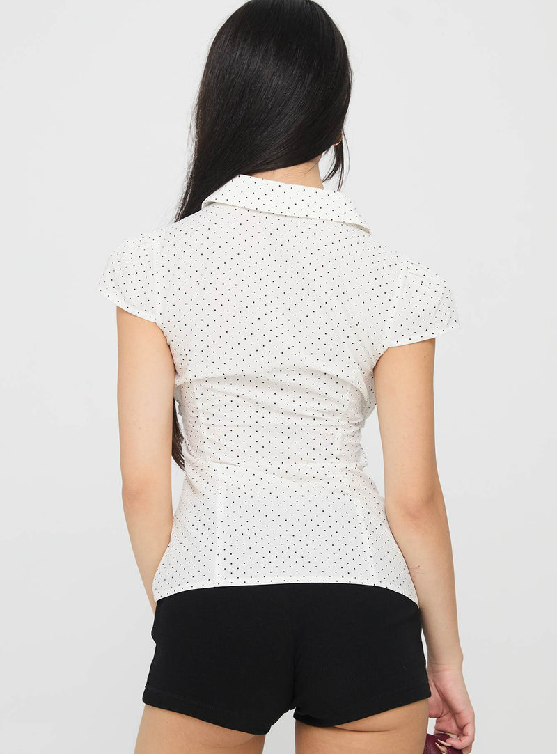 Lyzbeth Ruched Button Up Top White Polka