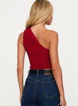 Heston Asymmetrical Ruched Bodysuit Red