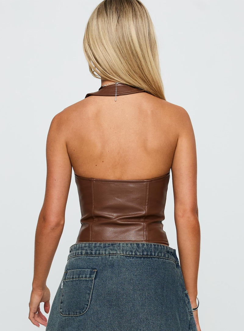 Light On Tie Up Faux Leather Top Chocolate