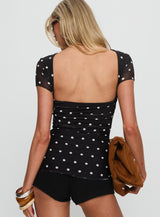 Attraction Cap Sleeve Mesh Top Black Polka