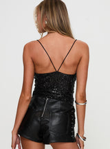 Strobe Lights Cowl Neck Top Black Glitter