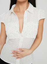Lyzbeth Ruched Button Up Top White Polka