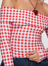 Singular Off The Shoulder Long Sleeve Top Red Check