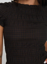 Romelle Shirred Top Black / Brown Plaid