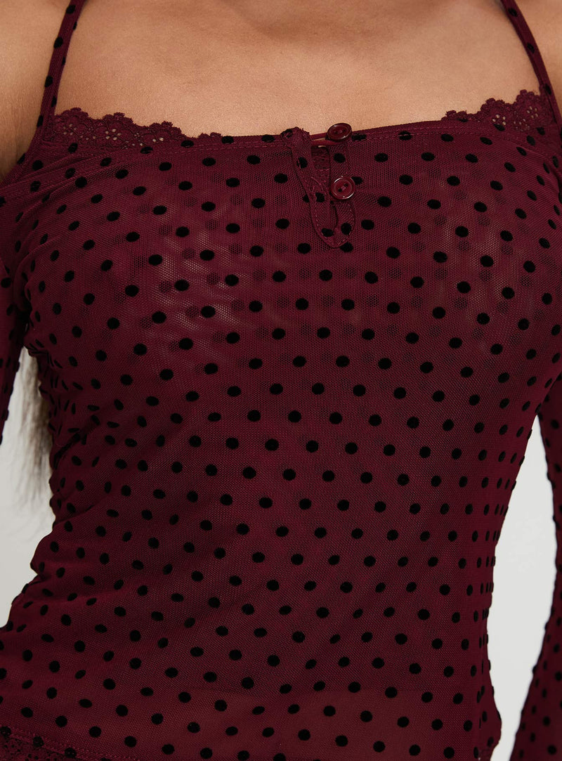 On My Side Off Shoulder Tie Neck Top Burgundy