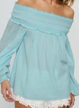 Heidy Off Shoulder Shirred Long Sleeve Top Blue