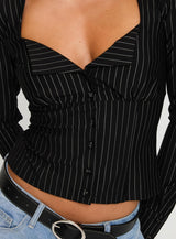 Set For Life Foldover Detail Long Sleeve Top Black / White Pinstripe
