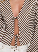 Maxette Long Sleeve Tie Top Brown Stripe