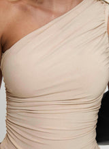 Heston Asymmetrical Ruched Bodysuit Beige