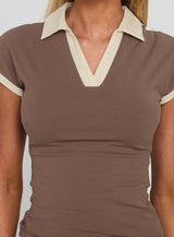 Nuvora Contrast Collared Top Brown