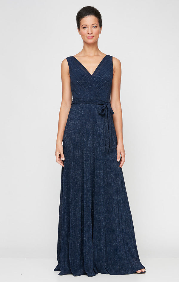 Regular - Long Glitter Mesh Sleeveless Surplice Neckline Dress with A-Line Skirt & Tie Belt