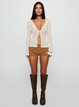 Open Your Heart Tie Detail Long Sleeve Top Cream