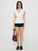 Lyzbeth Ruched Button Up Top White Polka