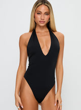 Kendrae Plunge Halter Bodysuit Black