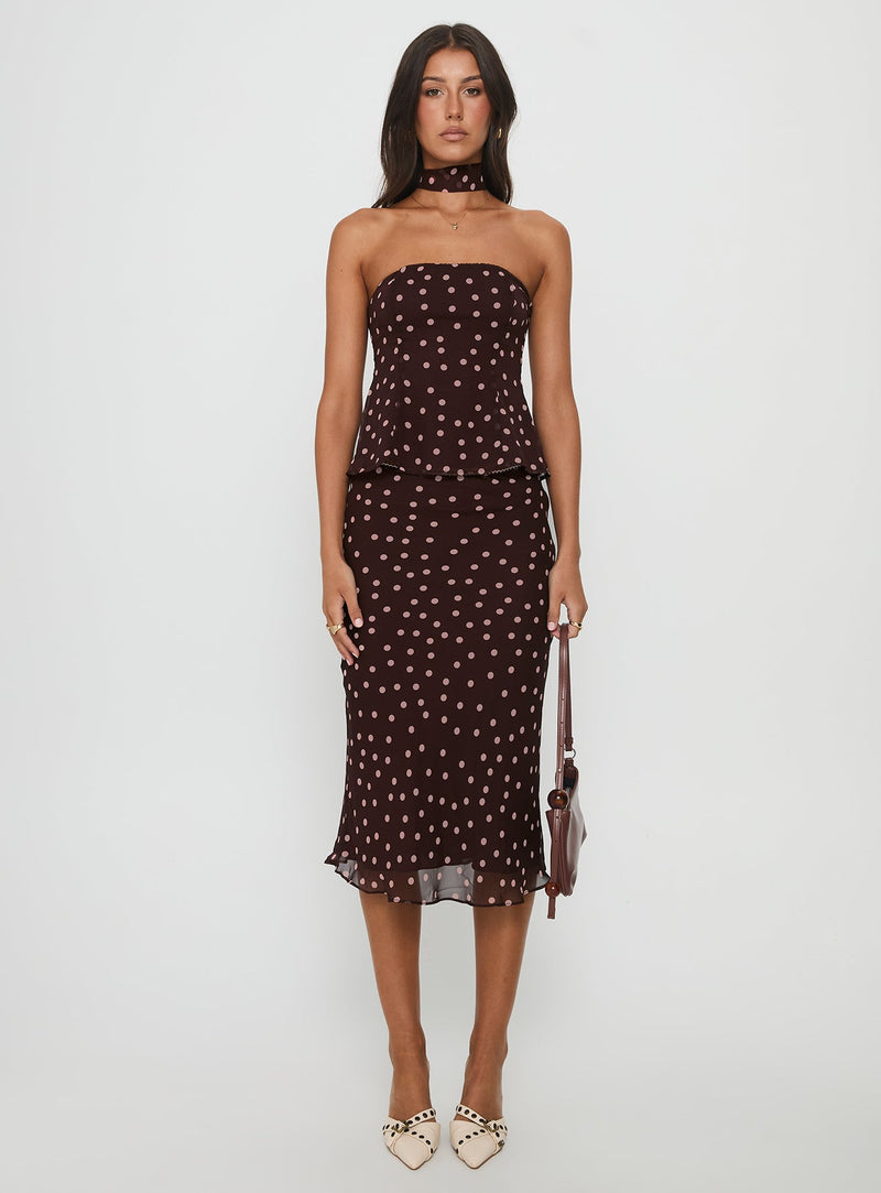 Sydni Scarf Detail Strapless Top Chocolate / Pink Polka