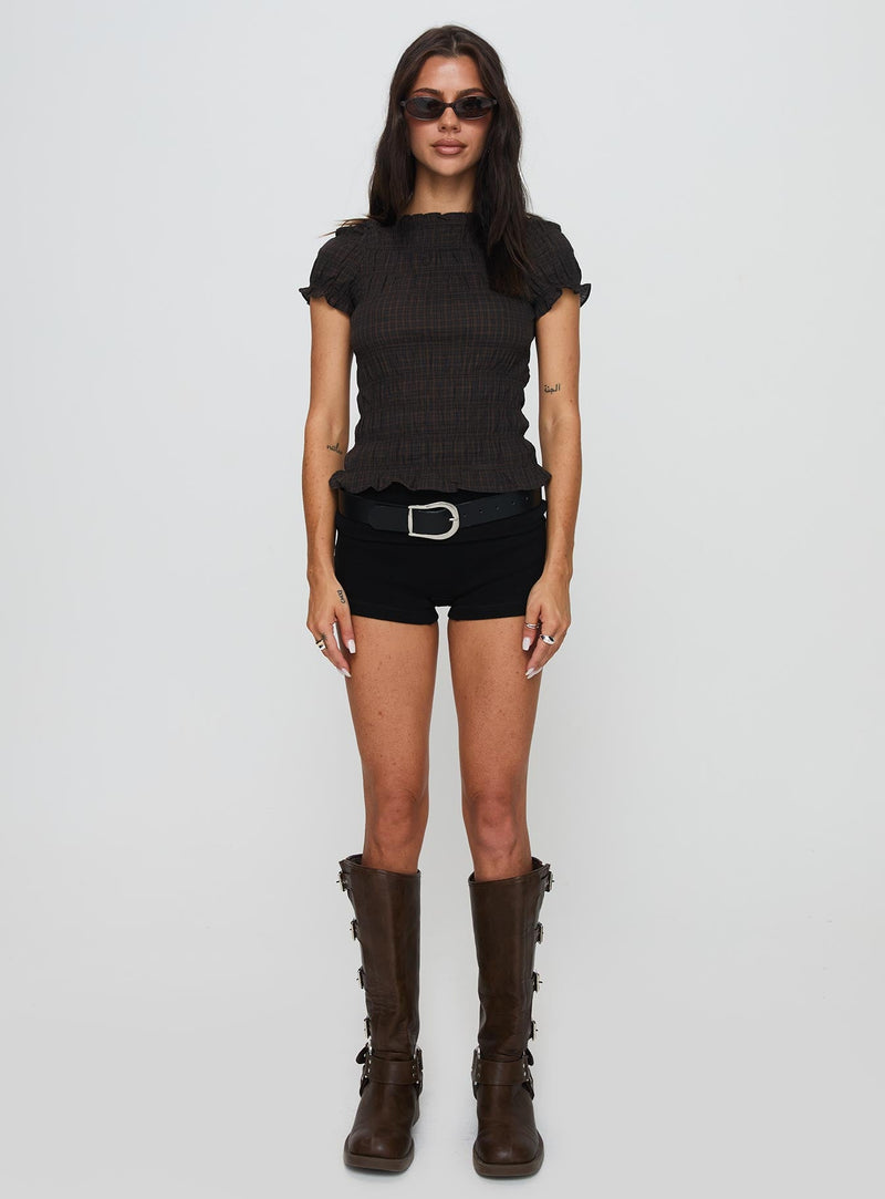 Romelle Shirred Top Black / Brown Plaid