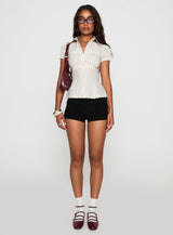 Deserve You Puff Sleeve Button Front Top Cream Stripe