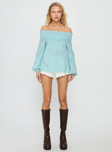 Heidy Off Shoulder Shirred Long Sleeve Top Blue