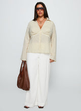 Life Begins Long Sleeve Lace Trim Top Cream Stripe Curve
