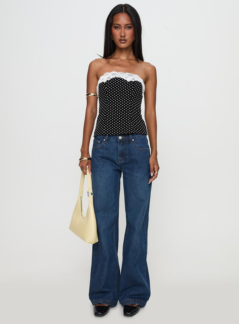 Ettore Lace Trim Strapless Top Black Polka