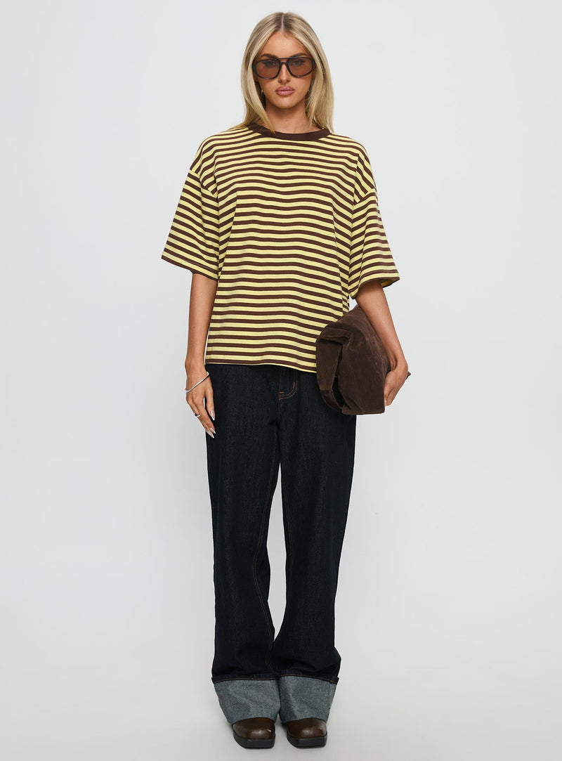 Keep Falling Short Sleeve Top Yellow / Brown Stripe