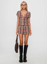 Odera Button Up Blouse Top Red Check
