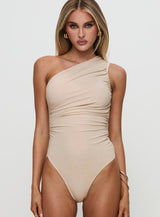 Heston Asymmetrical Ruched Bodysuit Beige