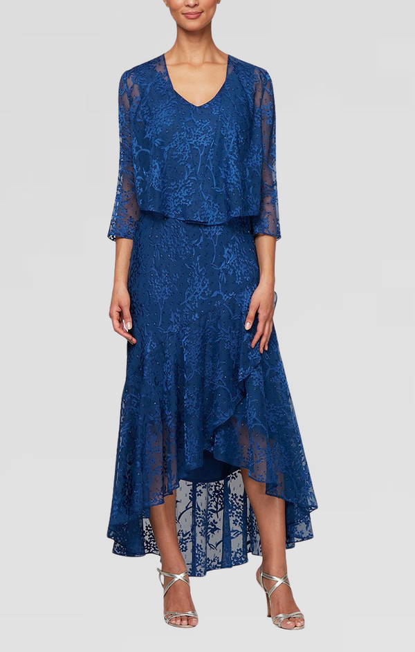 Regular - Tea-Length Chiffon Jacket Dress with High/Low Tulip Hem Skirt