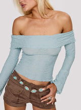 Back With Love Off Shoulder Long Sleeve Top Blue