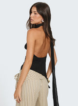 Yaleina One Shoulder Tie Scarf Top Black