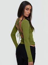 I Know You Backless Long Sleeve Top Green