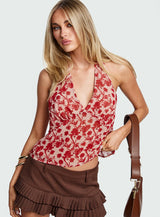 Two Ghosts Low Back Halter Top Red Floral