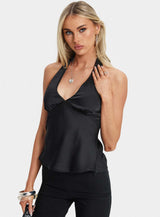 Remarkable Satin Plunge Neck Top Black