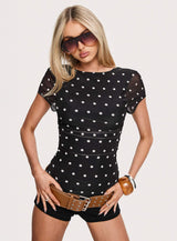 Attraction Cap Sleeve Mesh Top Black Polka