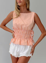 Antiqued Tie Side Top Orange Check
